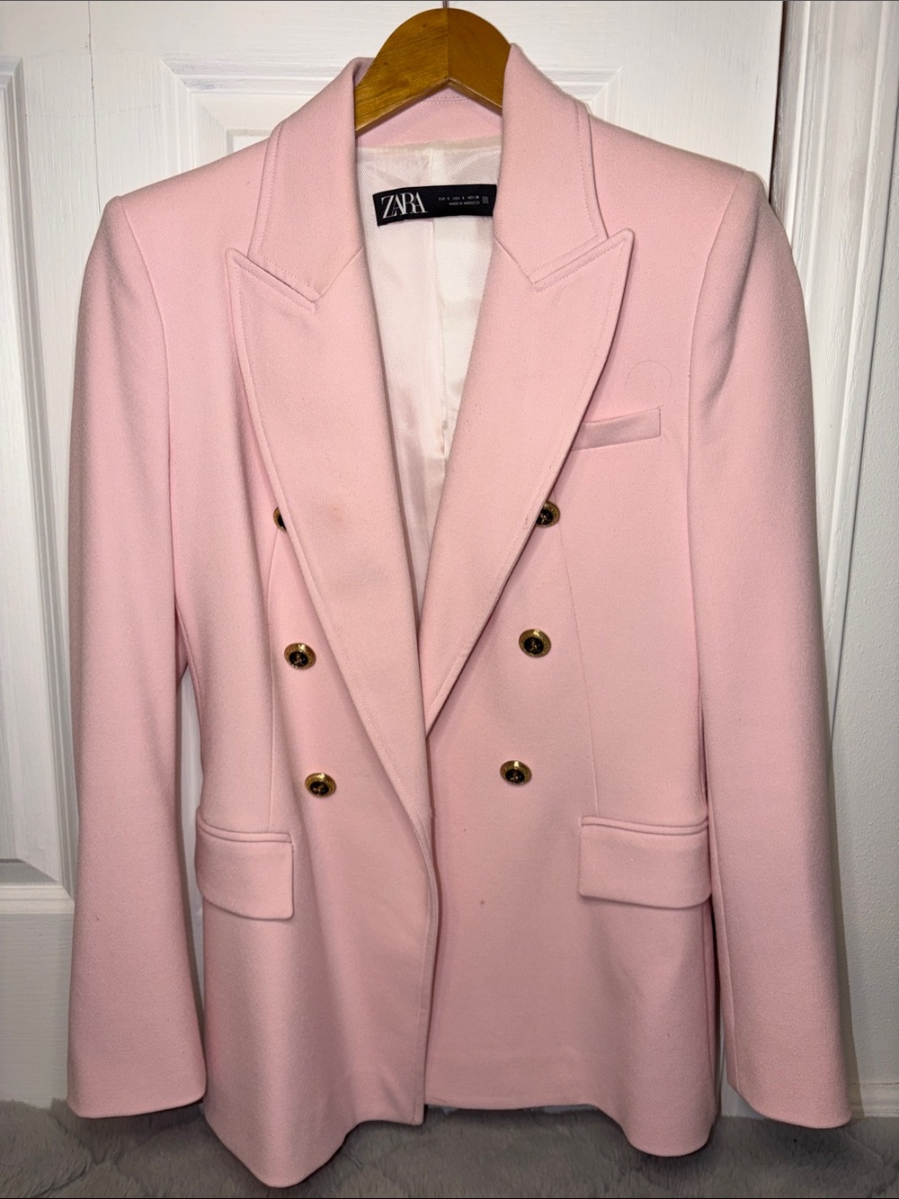 Zara Light Pink Double-Breasted Blazer with Gold Buttons | Size Small